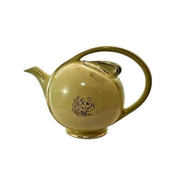 HALL Yellow Airflow Floral Pottery Teapot gold trim 6-cup Vtg collectible USA